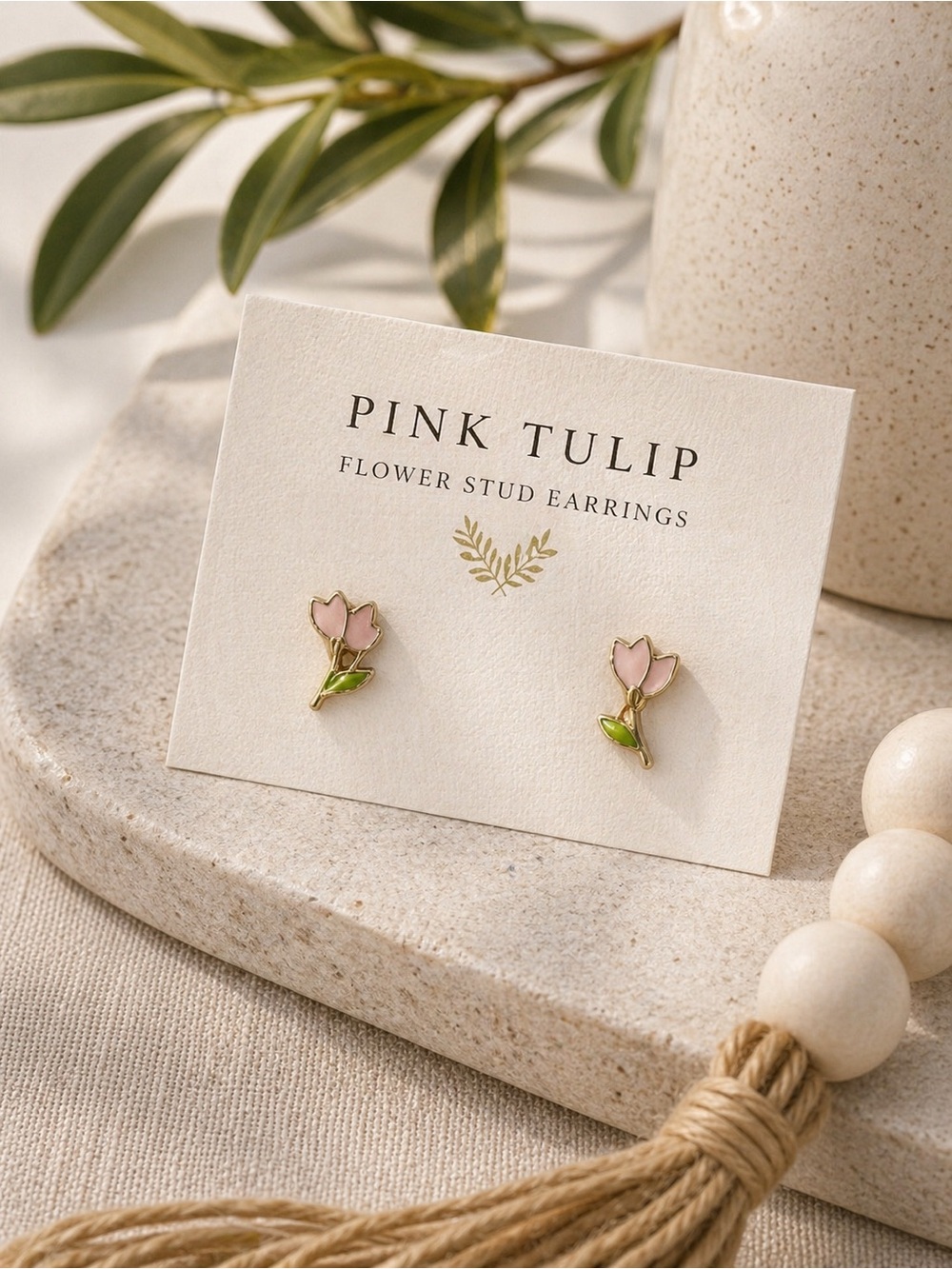 Pink Tulip Flower Stud Earrings Spring Summer